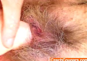 Hairy pussy masturbation in a video with a hoe