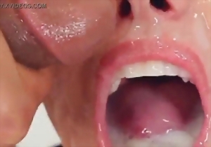 Cum-loving brunette is swallowing big loads of thick white jizz