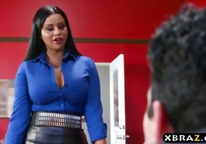 Good-looking babe in black nylons jumps on a pretty long sausage